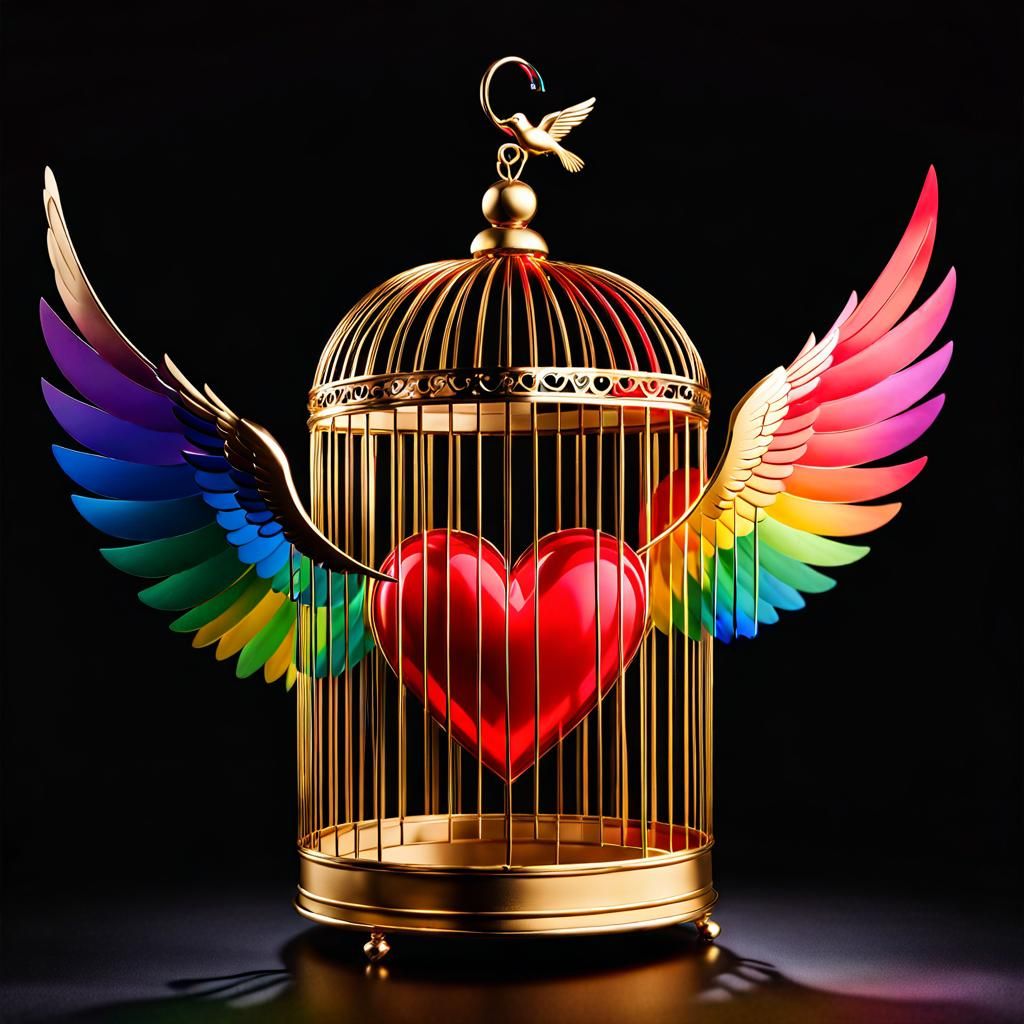 Golden Cage: Red Heart with Rainbow Wings