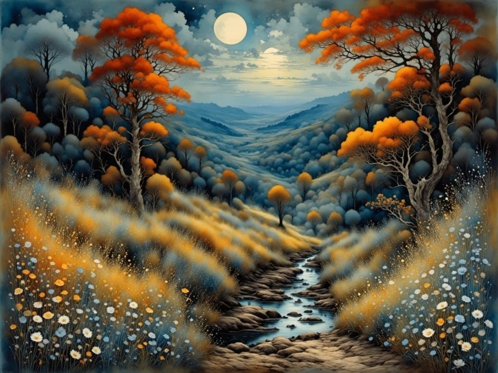 Breathtaking Moonlit Autumn Landscape with Intricate Details