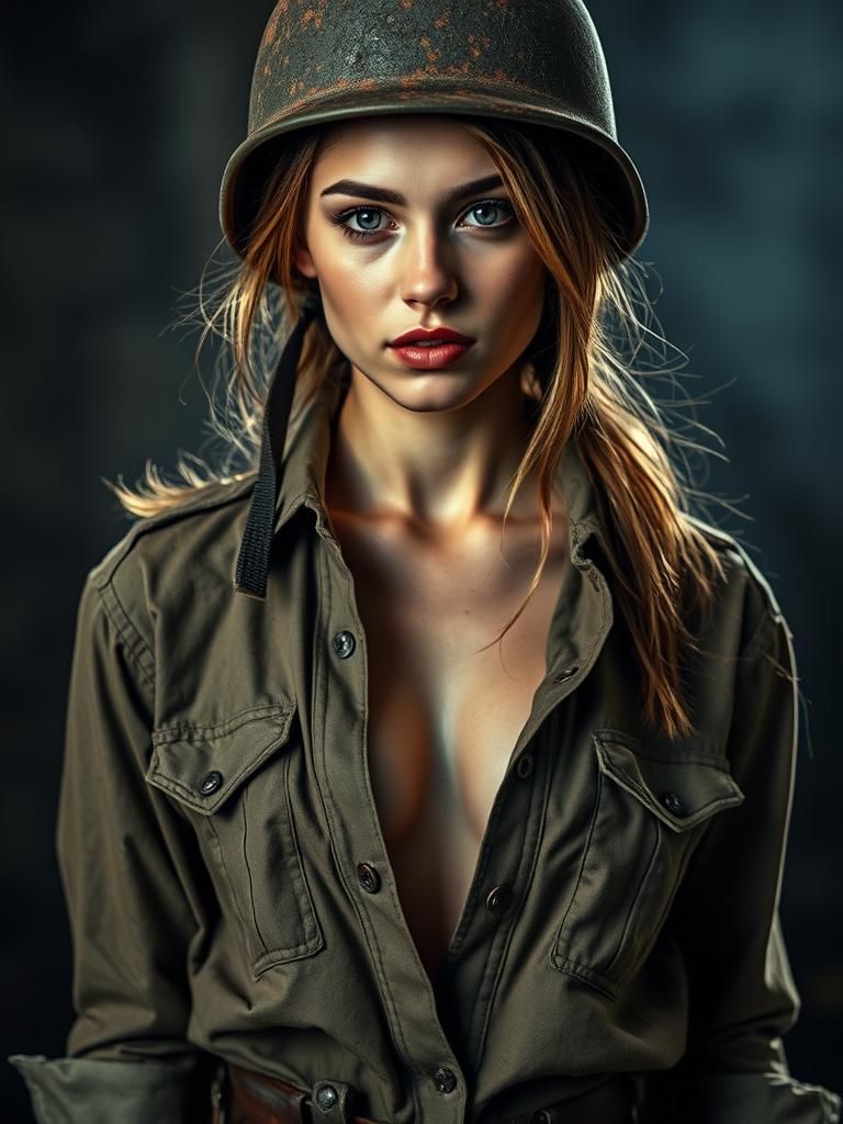 Dramatic Portrait of Woman with WW2 Helmet in Chiaroscuro St...