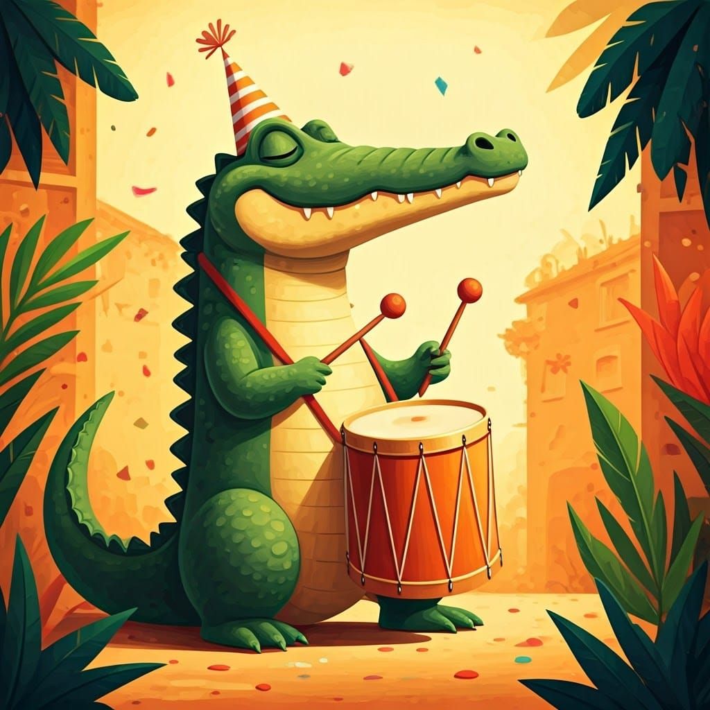 Festive Crocodile Plays Drum in Street Carnival