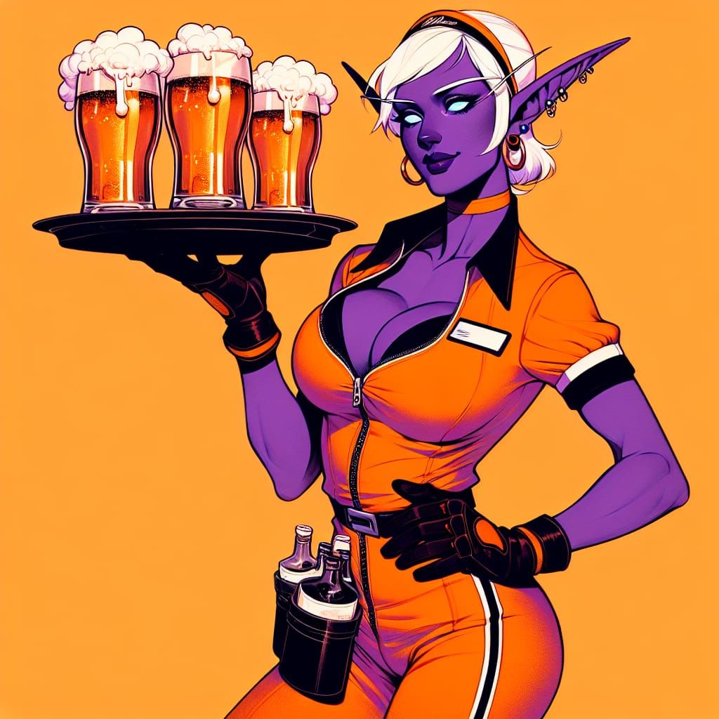 Dark Elf Woman in Anime Style Hooters Uniform