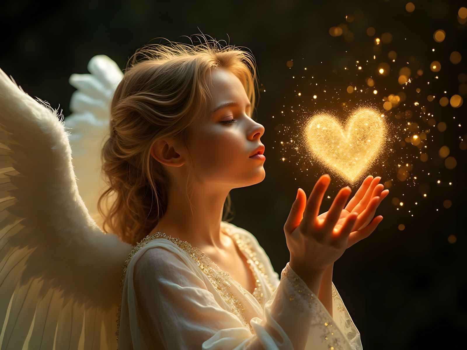 Ethereal Angel Blows Golden Kiss in Dreamy Macro Close-Up