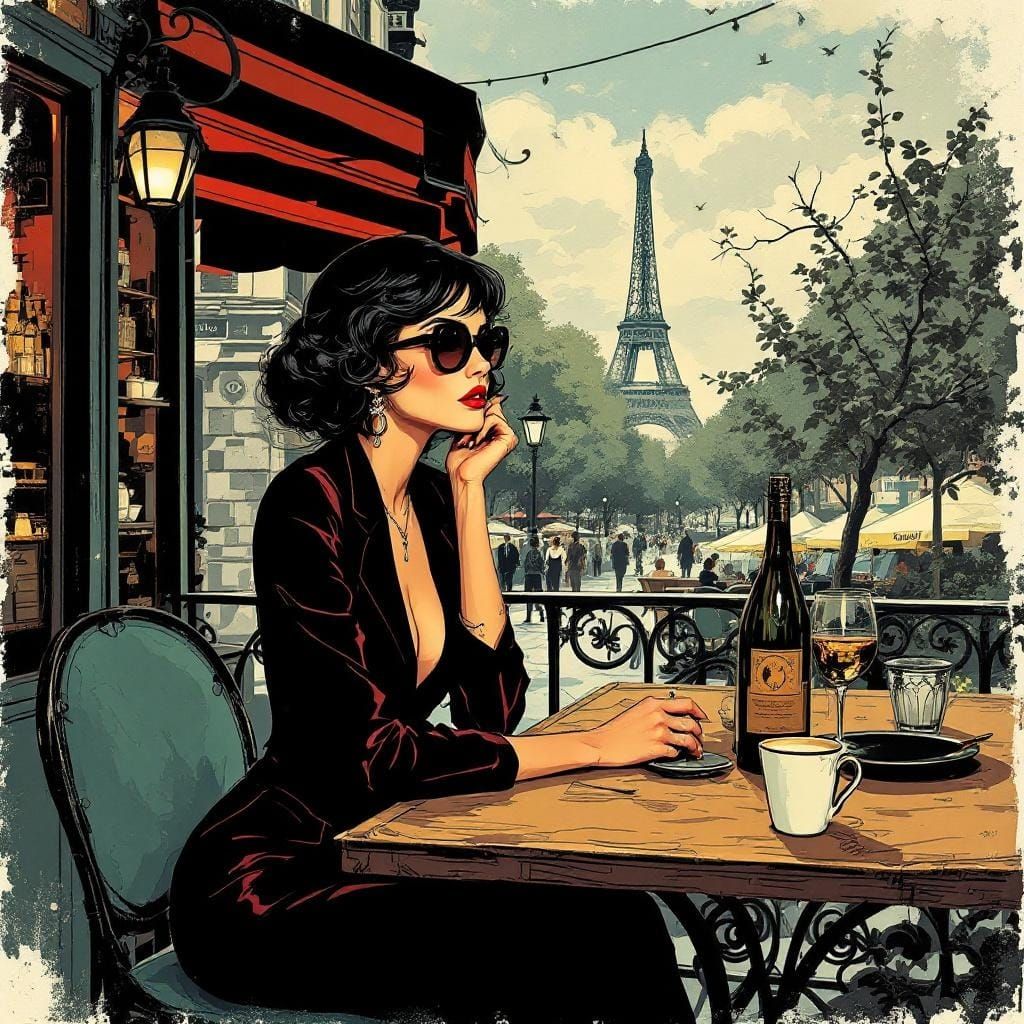Elegant Parisian Cafe Scene in Retro Illustration Style
