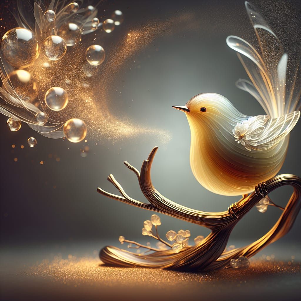 Glass Songbird Perched on Branch in Whimsical Gold Hues