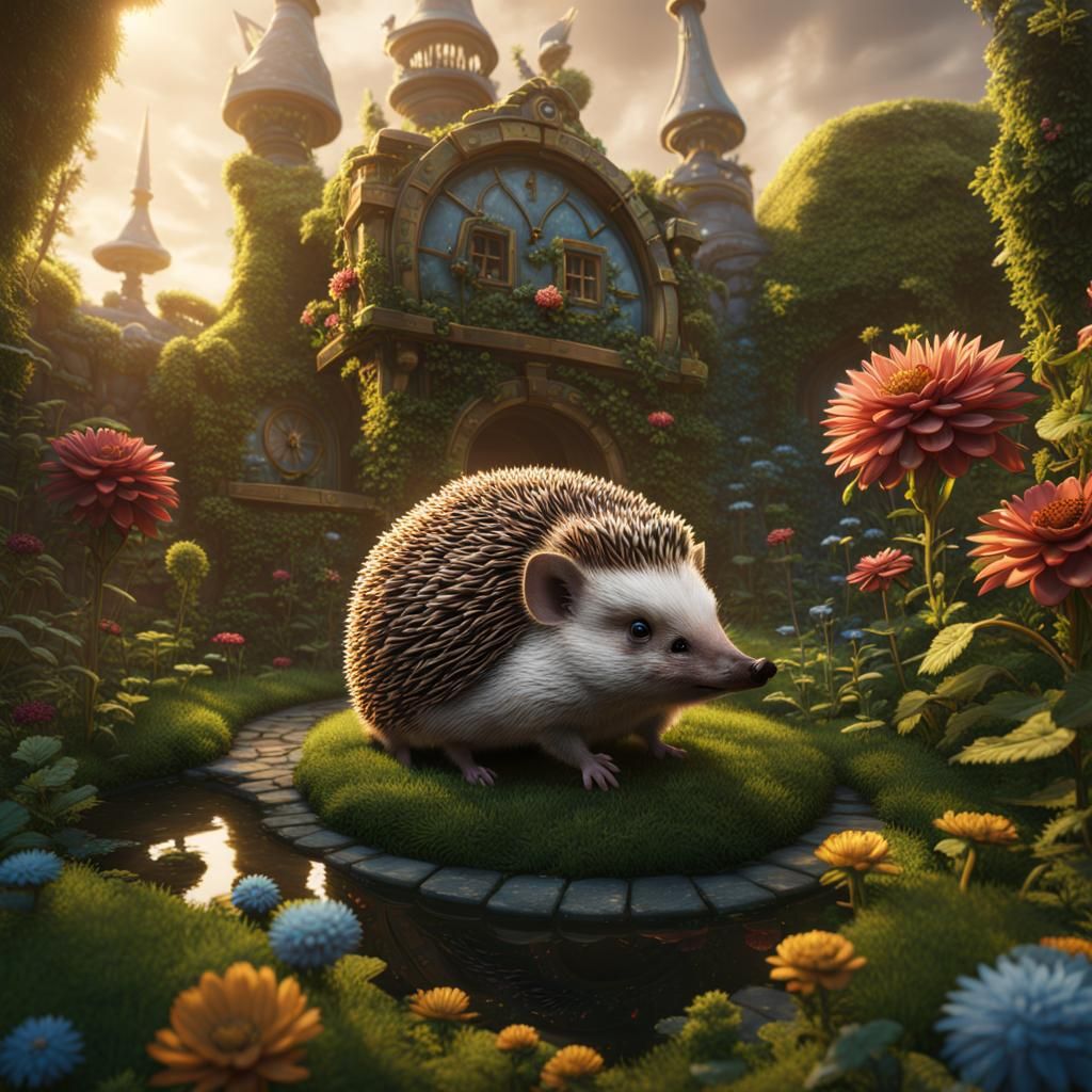 Clockwork Hedgehog's Garden Adventure: Detailed Digital Art