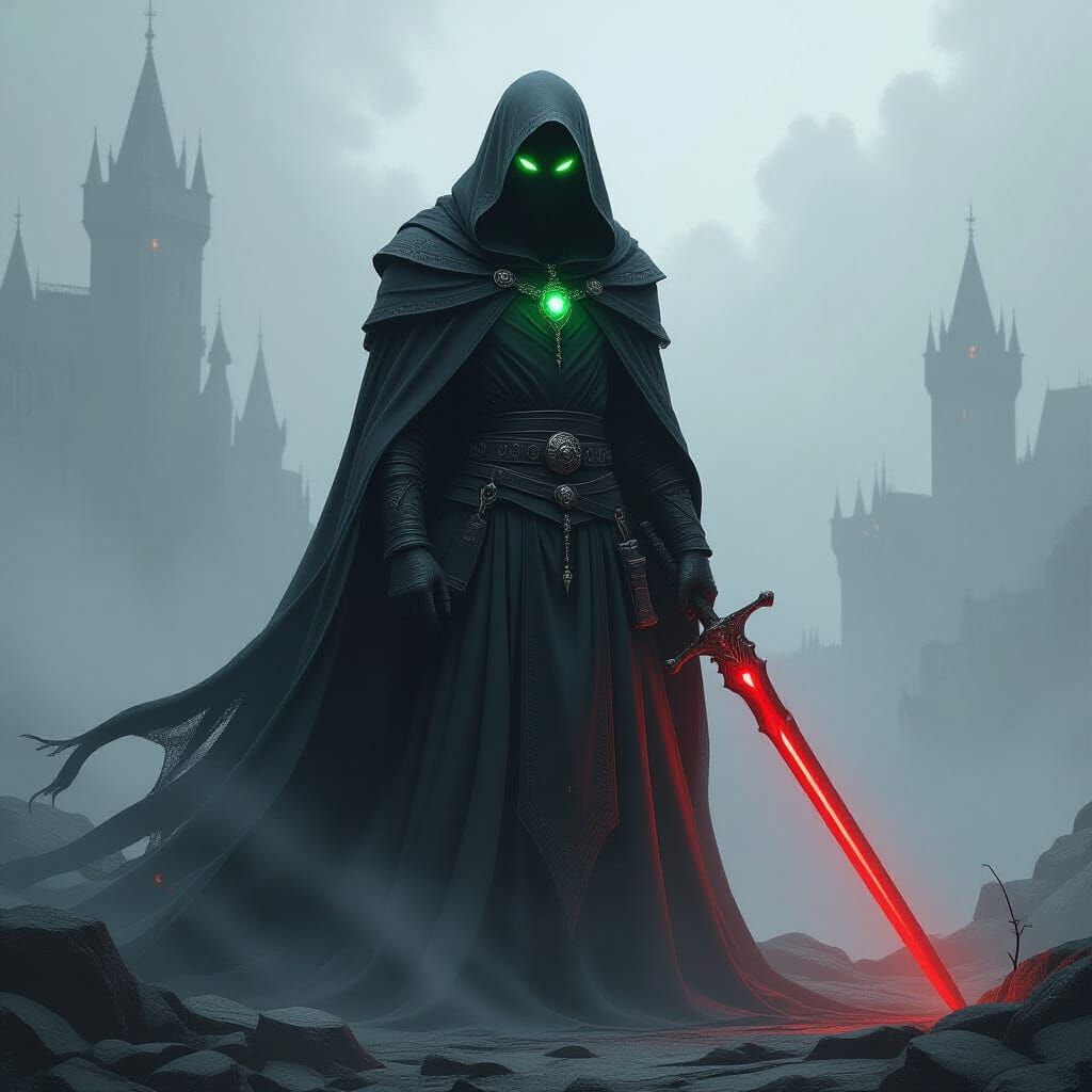 Spectral Figure with Piercing Green Eyes in Dark Cote