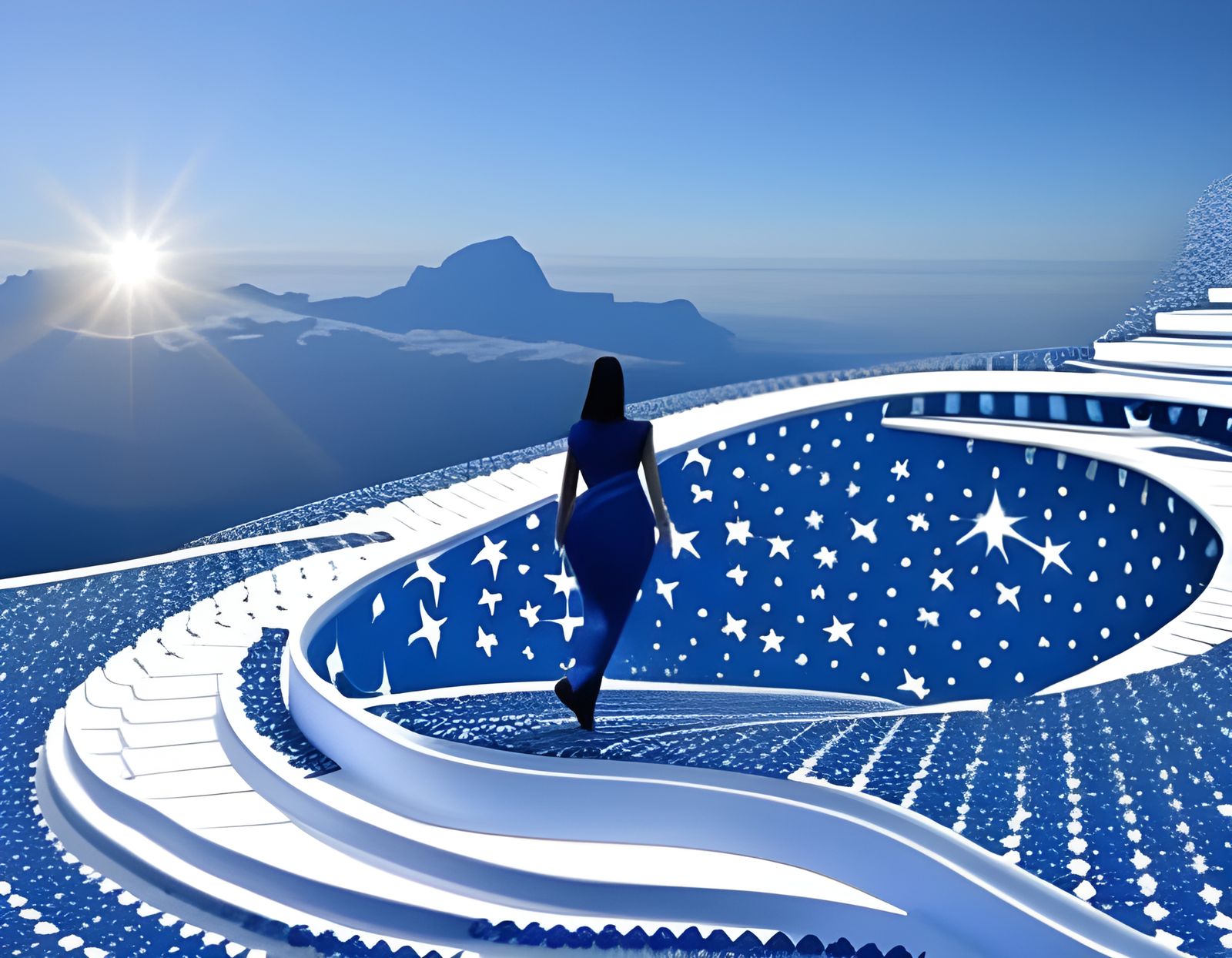 Blue Silhouette on Star Mosaic Staircase