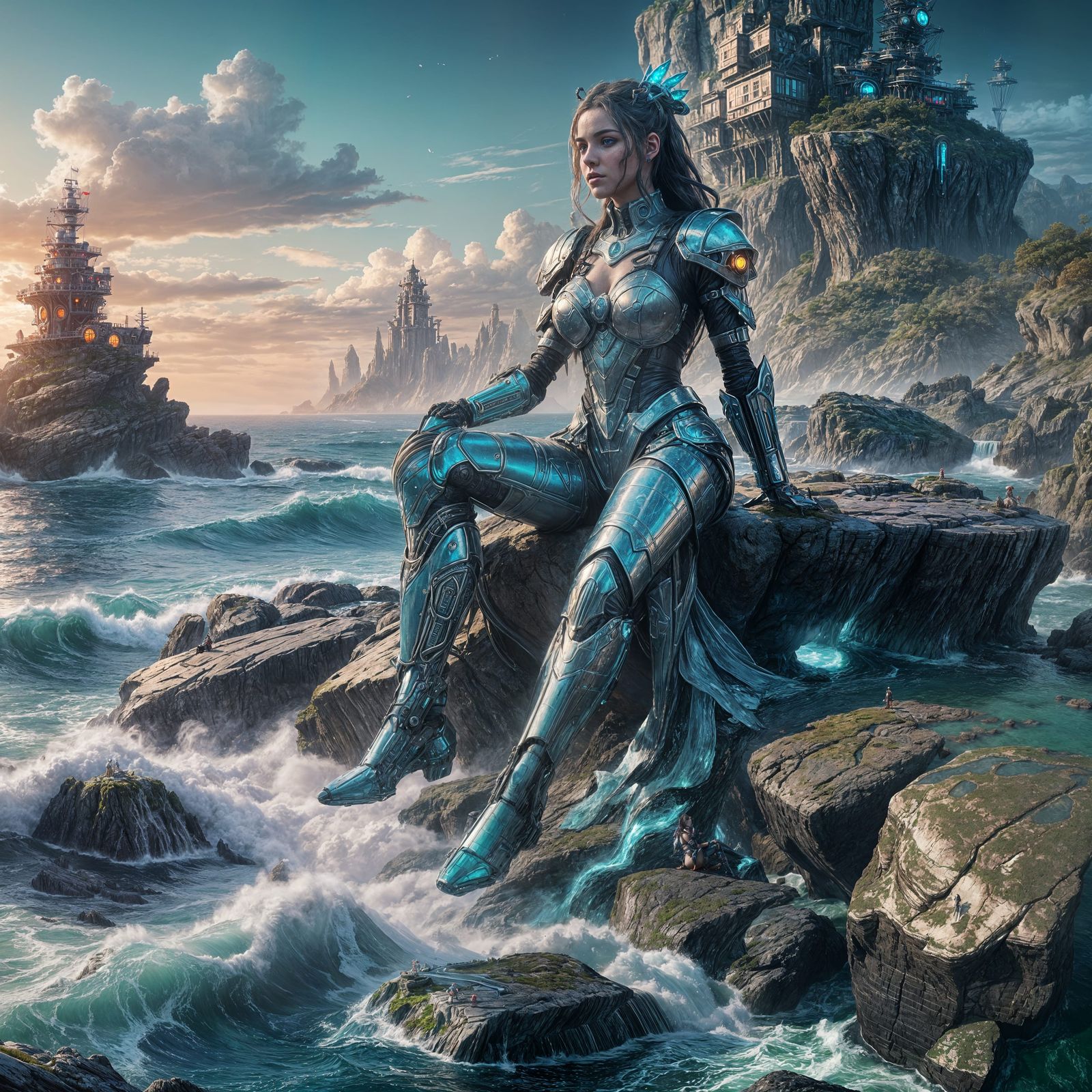 Cyberpunk Maid at Sea: Detailed Digital Art