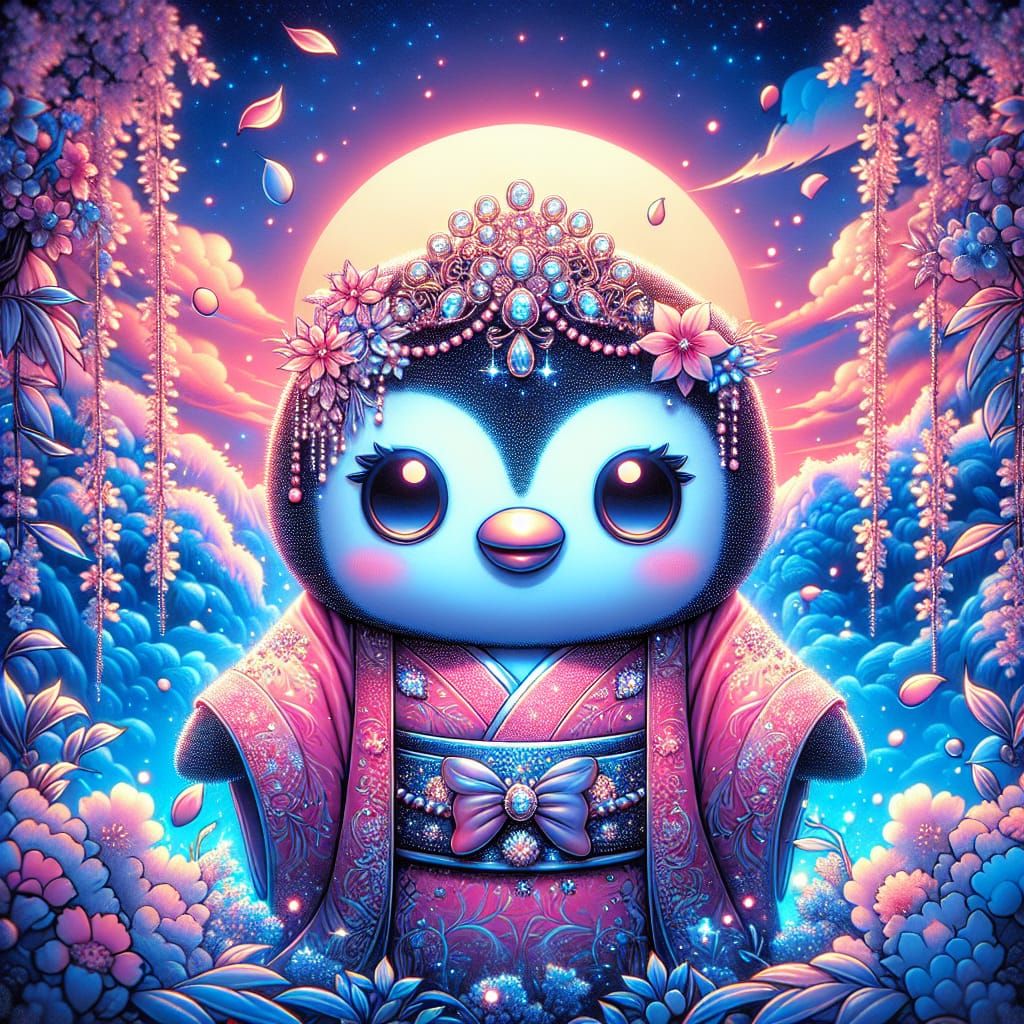Chibi Penguin in Kimono with Cherry Blossoms