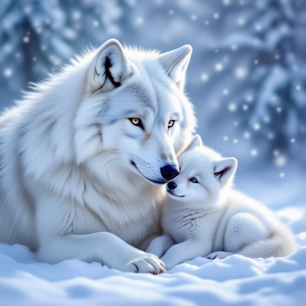 Mother Snow Wolf and Cub in Ethereal Mist