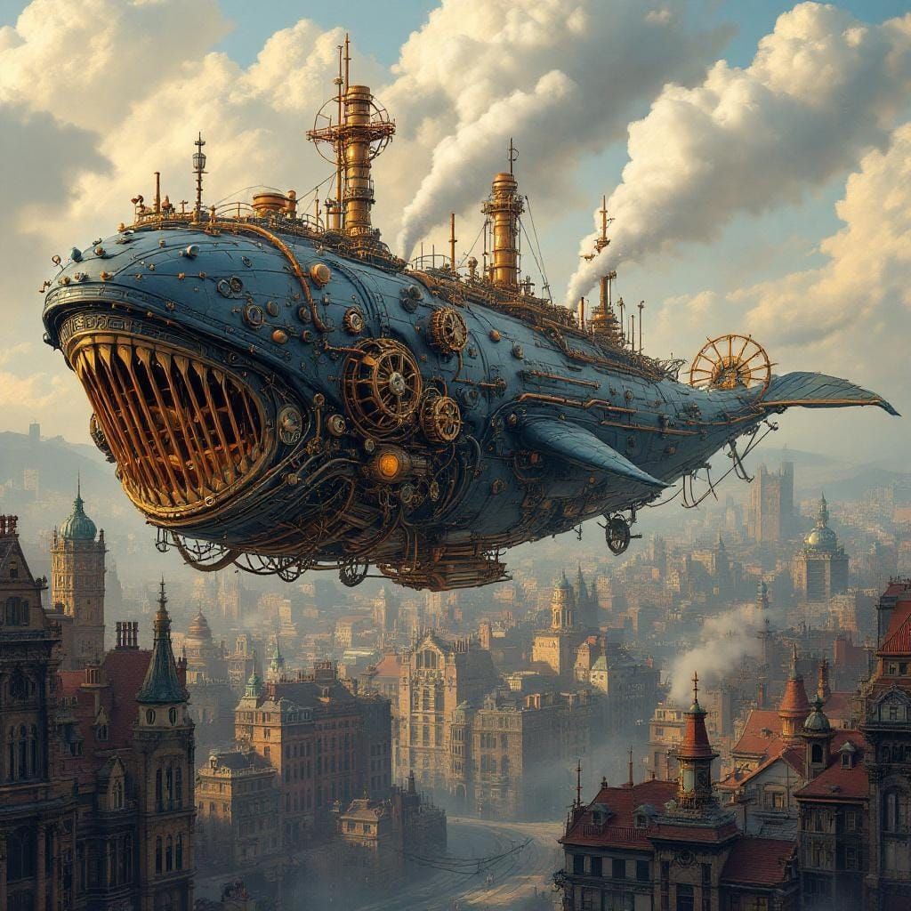 Steampunk Whale Airship Over Victorian City