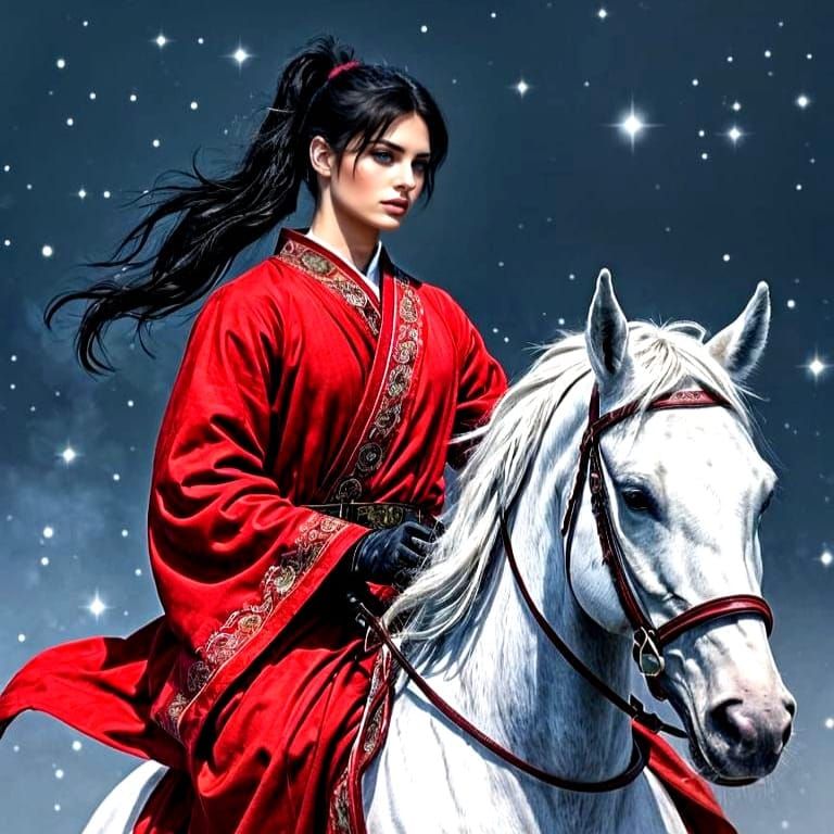 Chic Knight Rides White Horse in Snowy Winter Scene