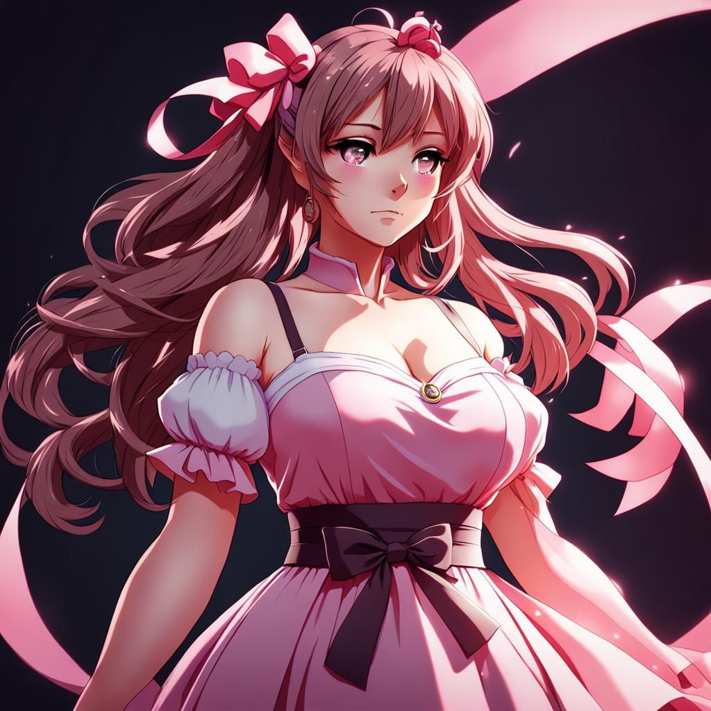 Anime Girl in Pink Dress, Cel-Shaded Style