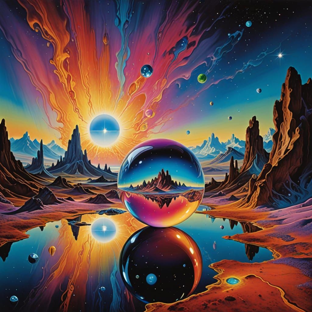 Surreal Dreamscape in Iridescent Crystalline Glass Orb