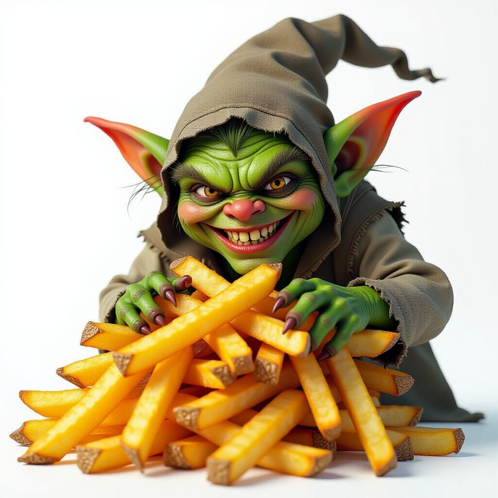 Gremlin Mischief: Hyperrealistic CGI French Fry Feast