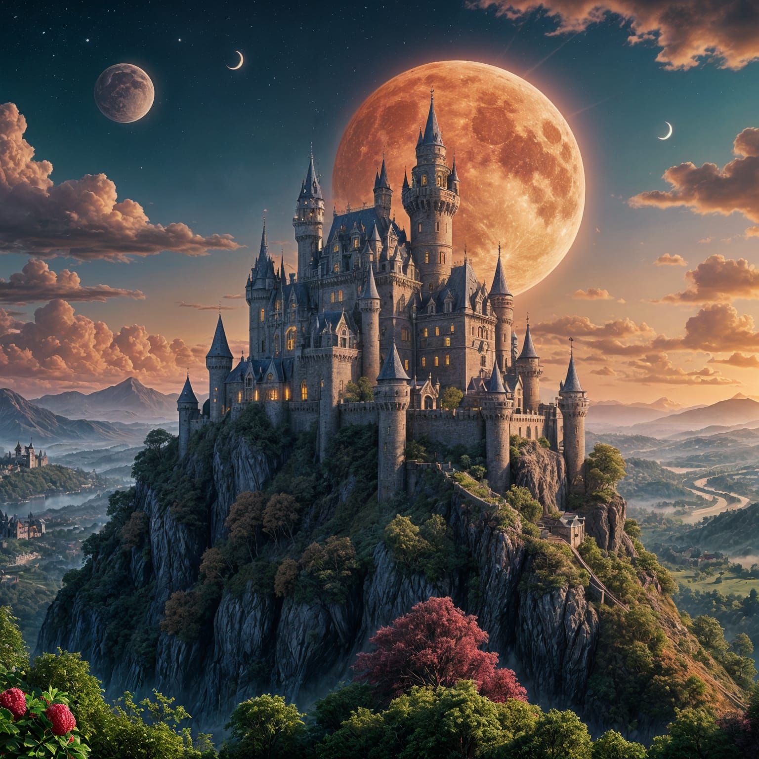 Fantastical Raspberry Moon Rises Above a Majestic Castle