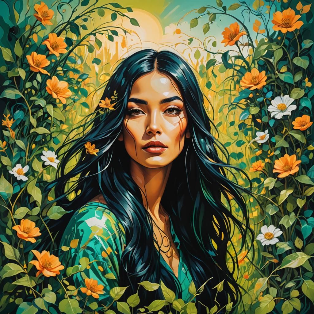 Girl in Green Field: Vibrant Street Art