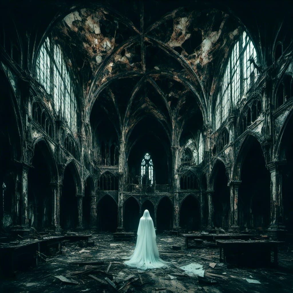 Macabre Gothic Hall with Ghostly Figure
