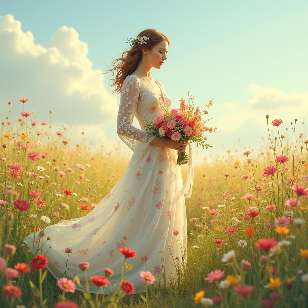 Ethereal Bride in Floral Meadow, Impressionist Style