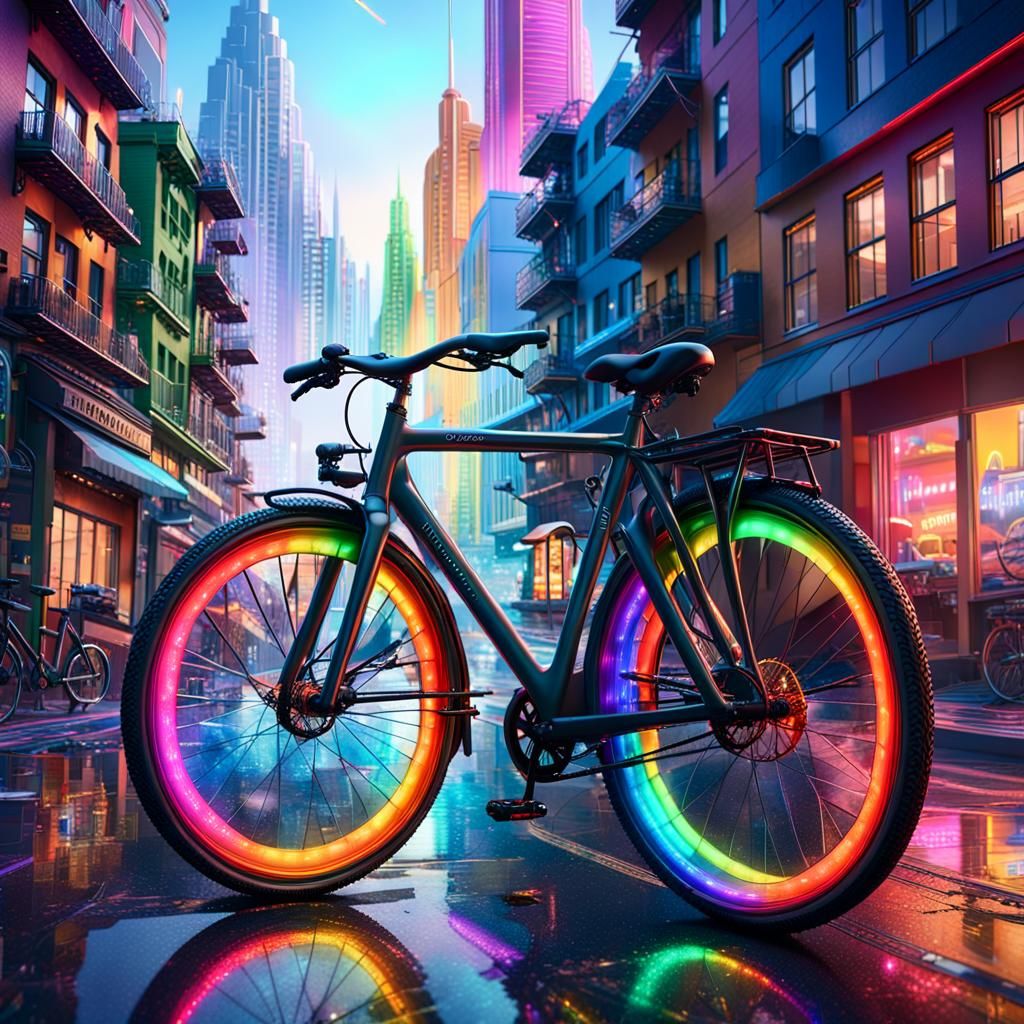 A digital art piece showcasing a vibrant bicycle with rainbo...