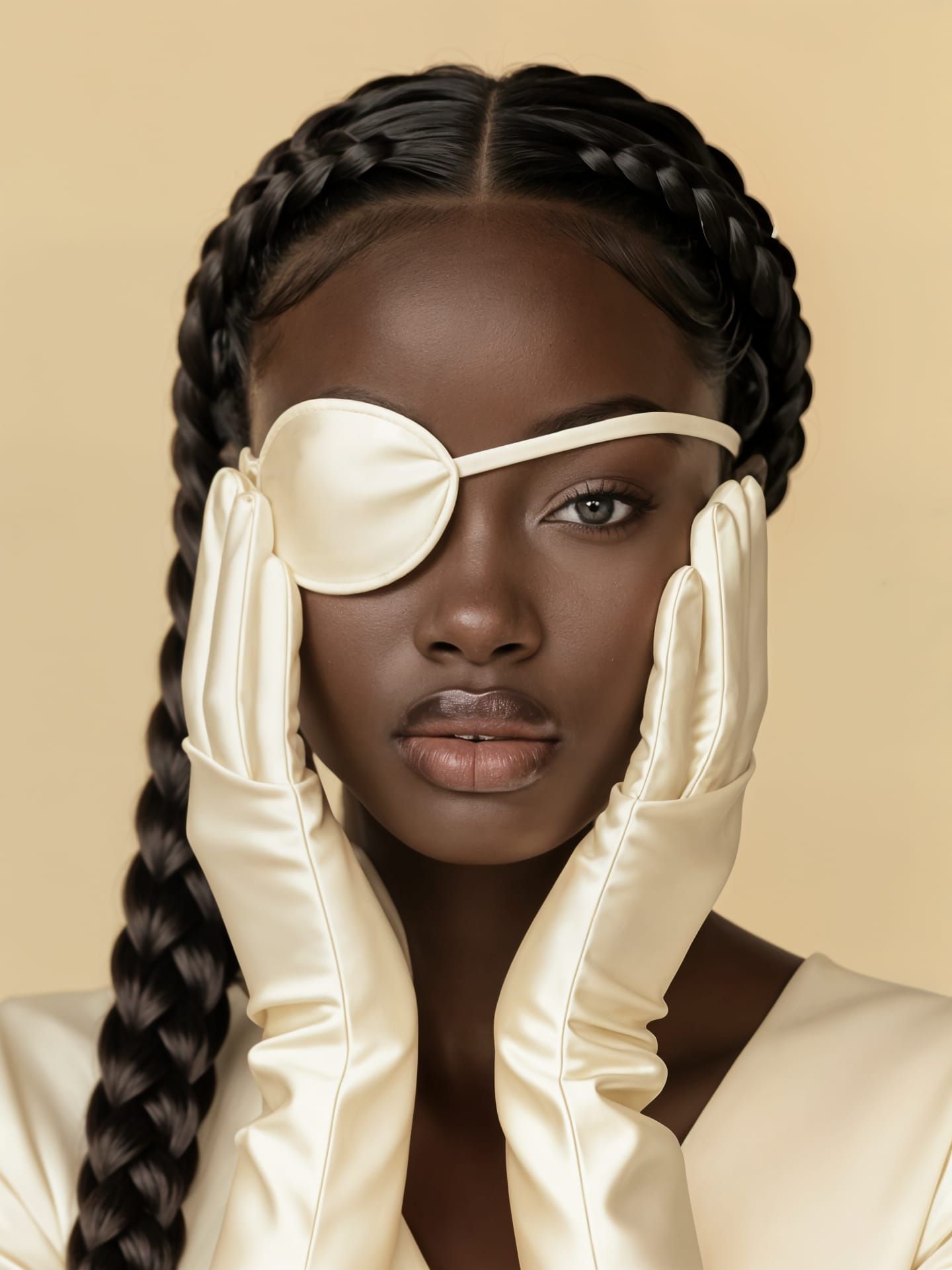 African Woman Portrait with Eyepatch and Satin Gloves