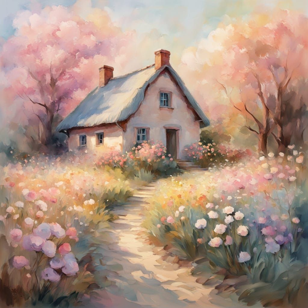 Whimsical pastel thatched cottage in the countryside in Goua...