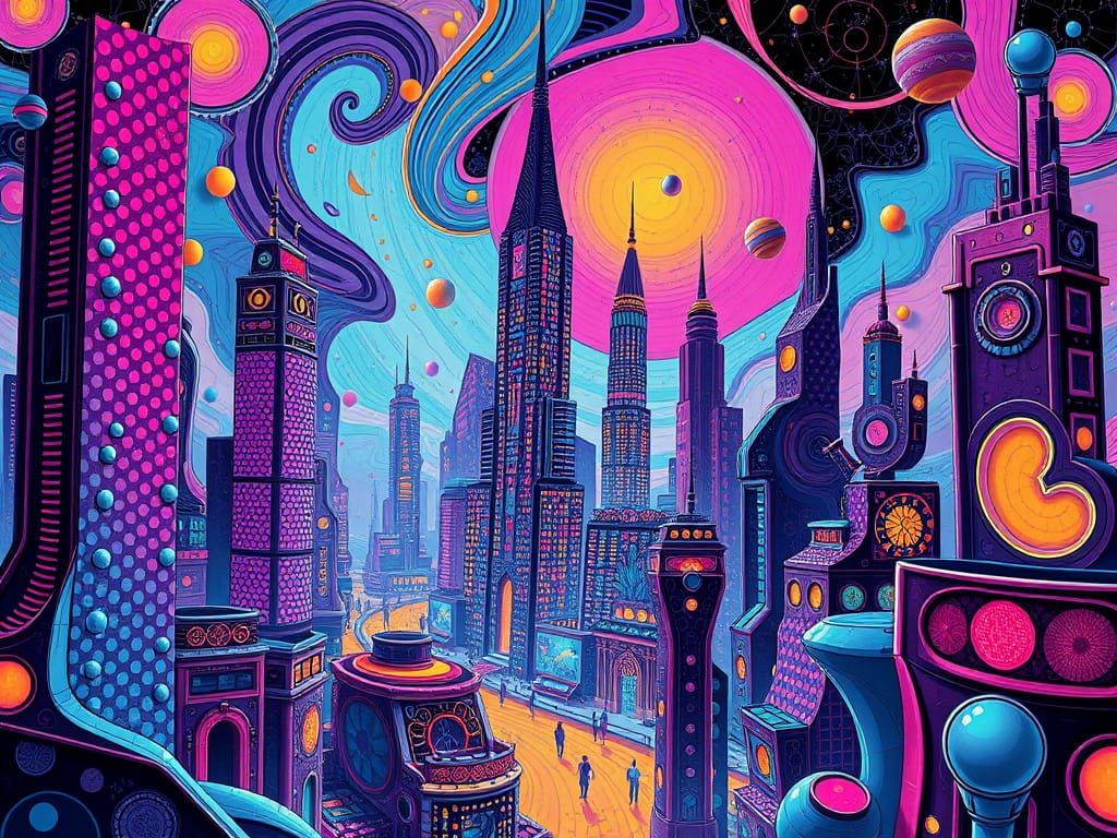 Retrofuturistic Cityscape in Vibrant Polka Dots and Geometri...