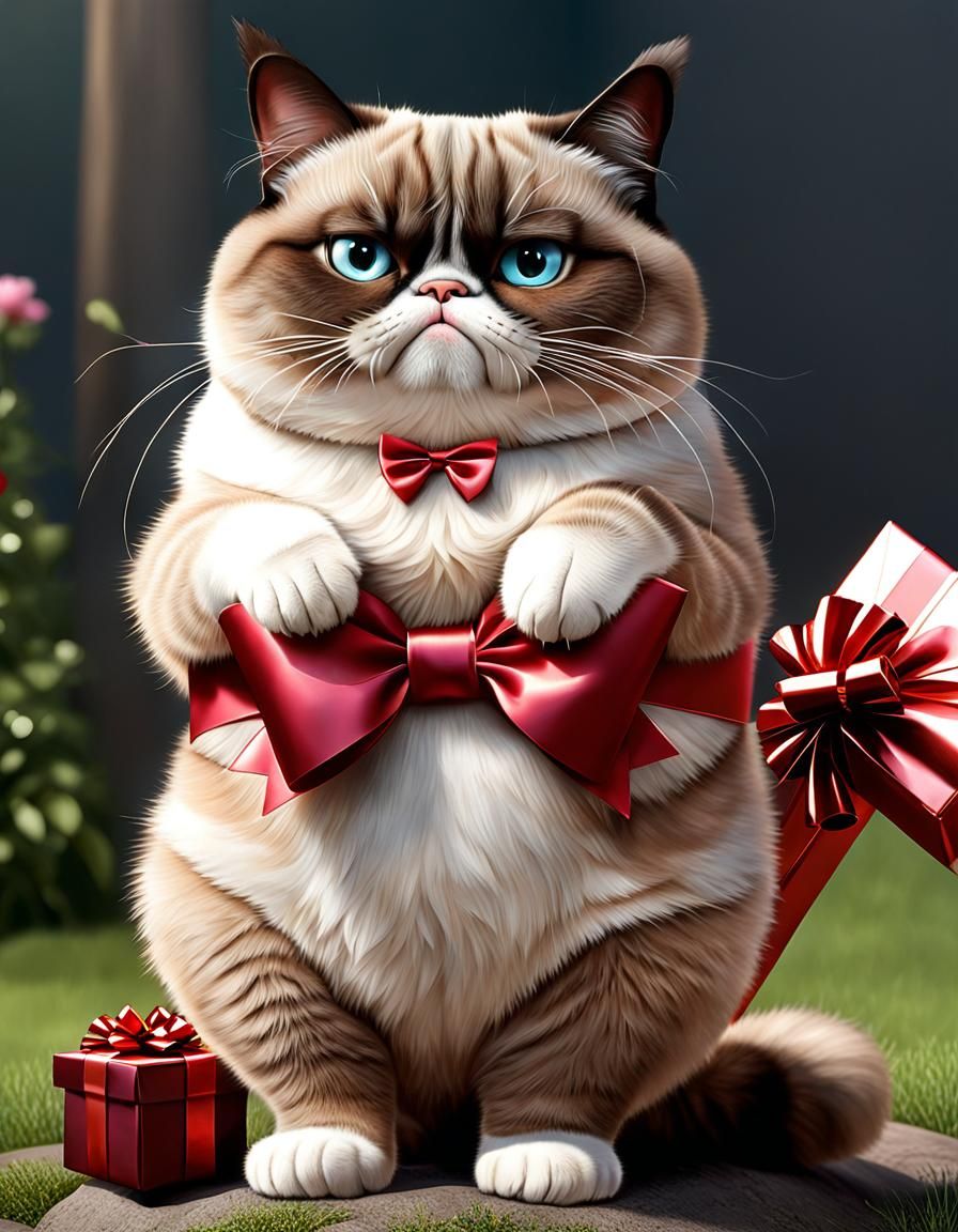 Cute Grumpy Cat with Bow Being Lifted