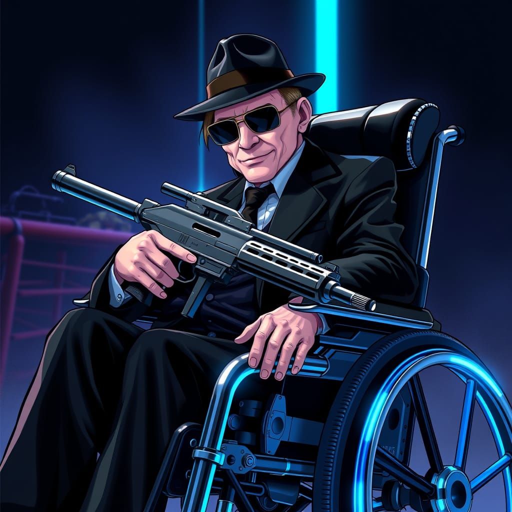 Confident Crime Lord in High-Tech Wheelchair