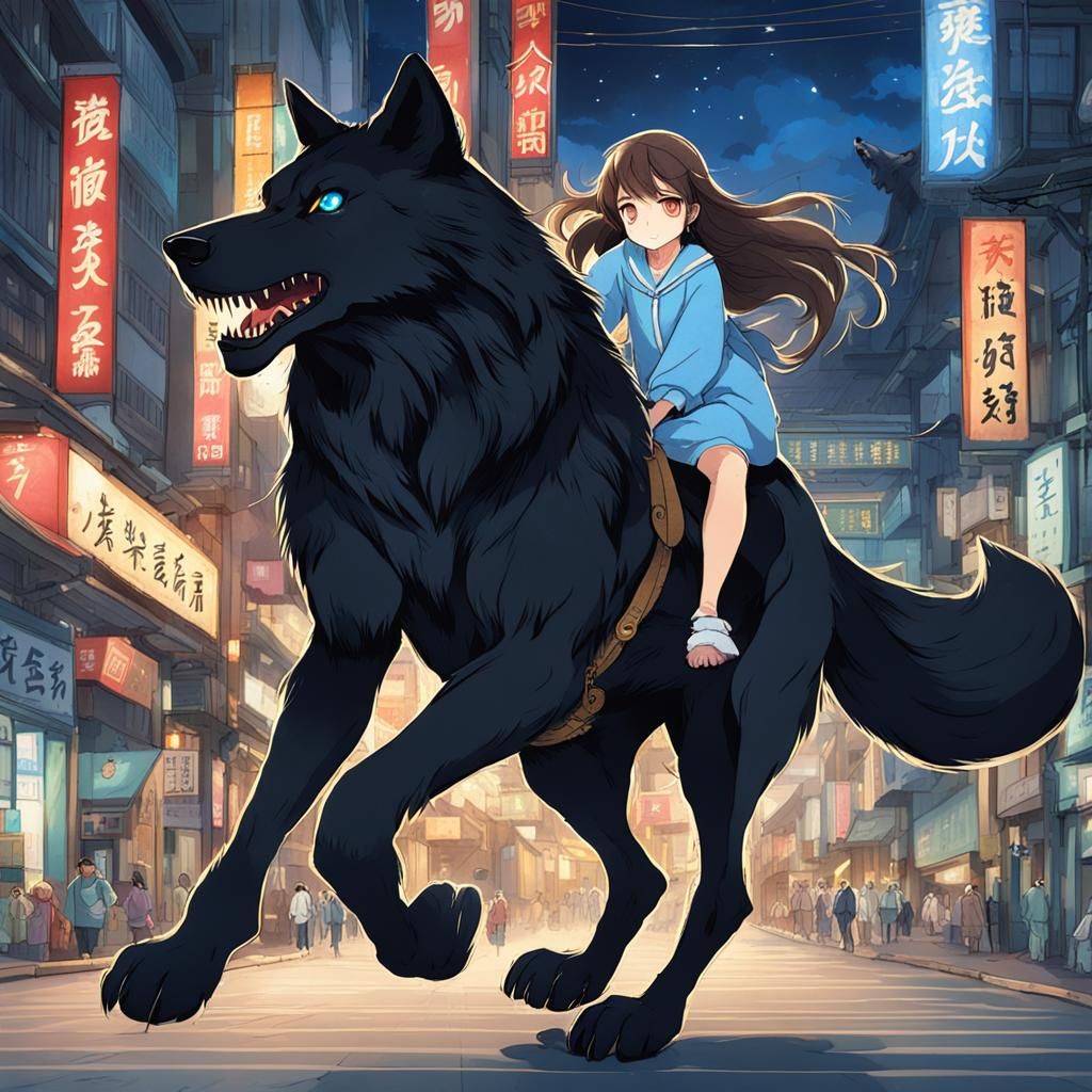 Woman Rides Black Wolf Through Japan at Night