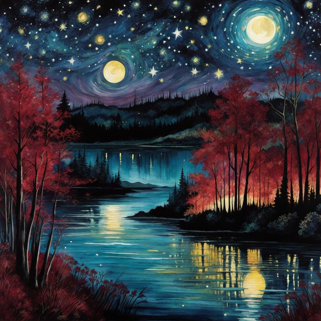 Gothic Starry Night Forest as Watercolor Painting