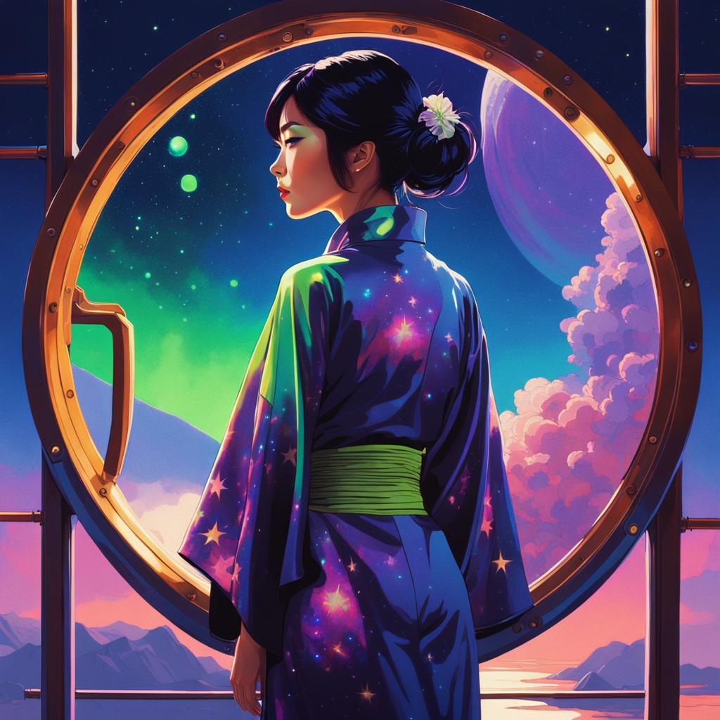 Elegant Japanese Woman Gazing at Nebula in Art Nouveau Style