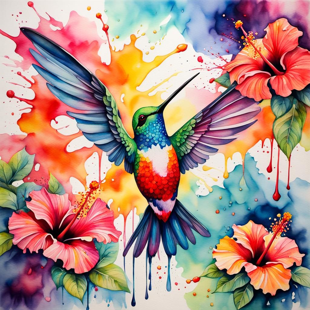 Hummingbird and Hibiscus Tree in Watercolor