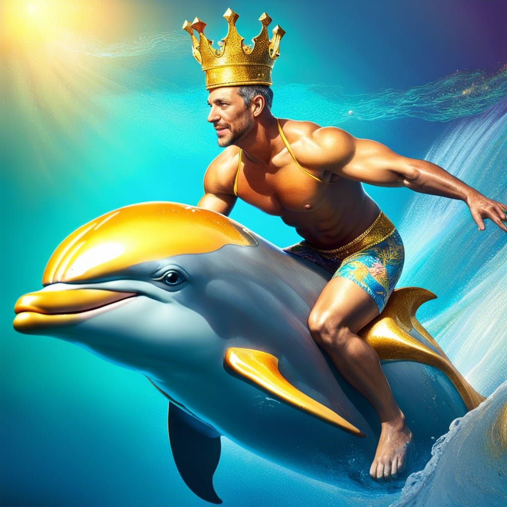 Man with Crown Rides Dolphin in Hyperrealistic Splash Art