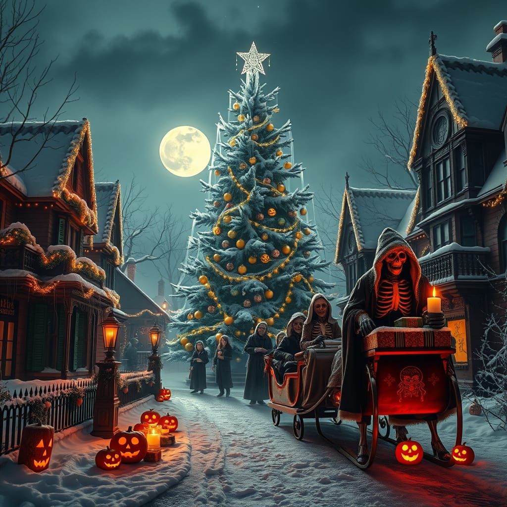 Haunting Christmas Halloween Fusion on Snowy Victorian Stree...