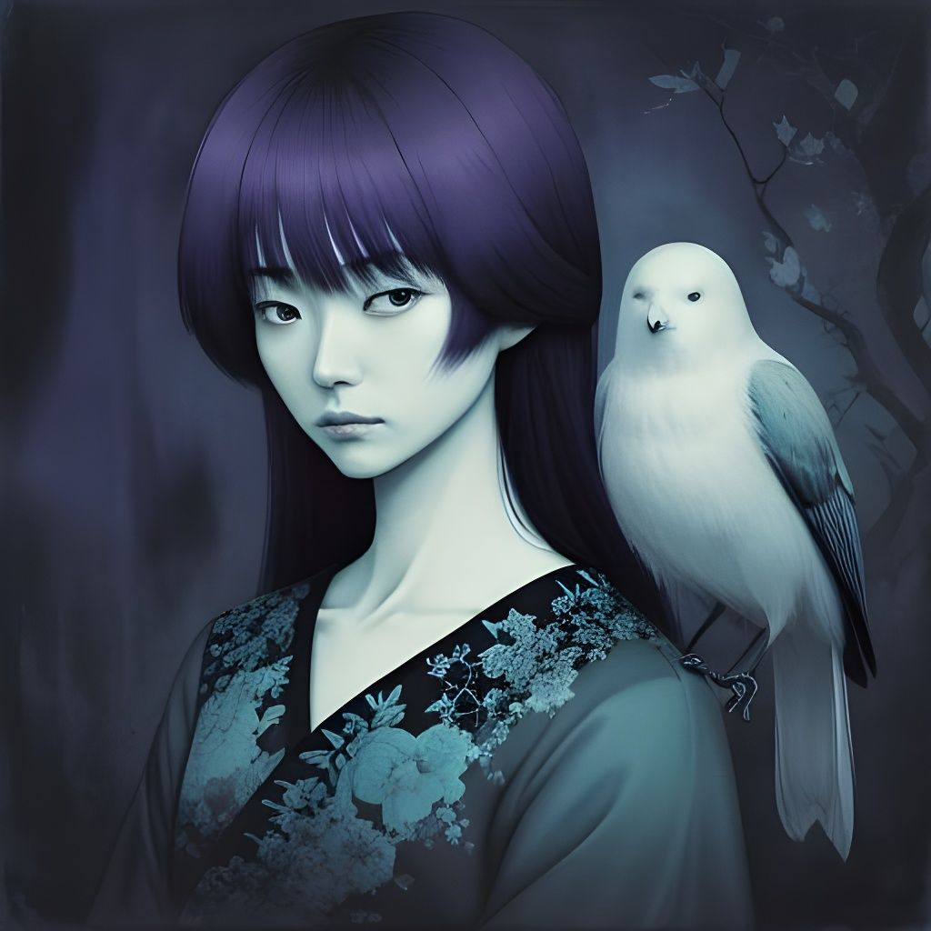 Moonlight Portrait with Bird in Soft Watercolor