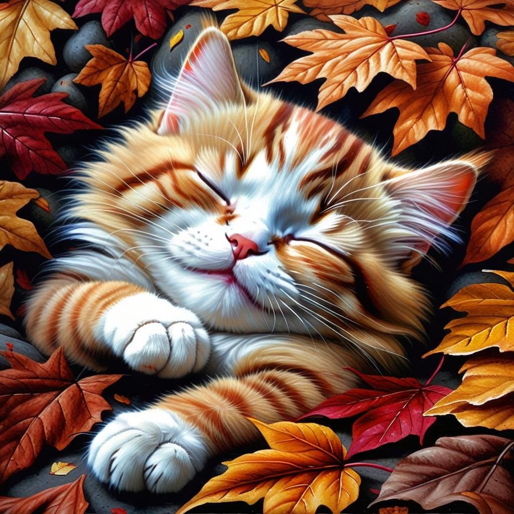 Cozy Cat Nap in Autumn Leaves Painting