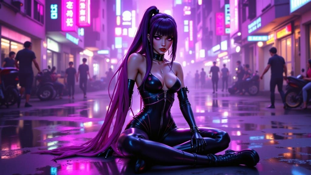 Anime Sci-Fi Woman in Neon Latex Romper