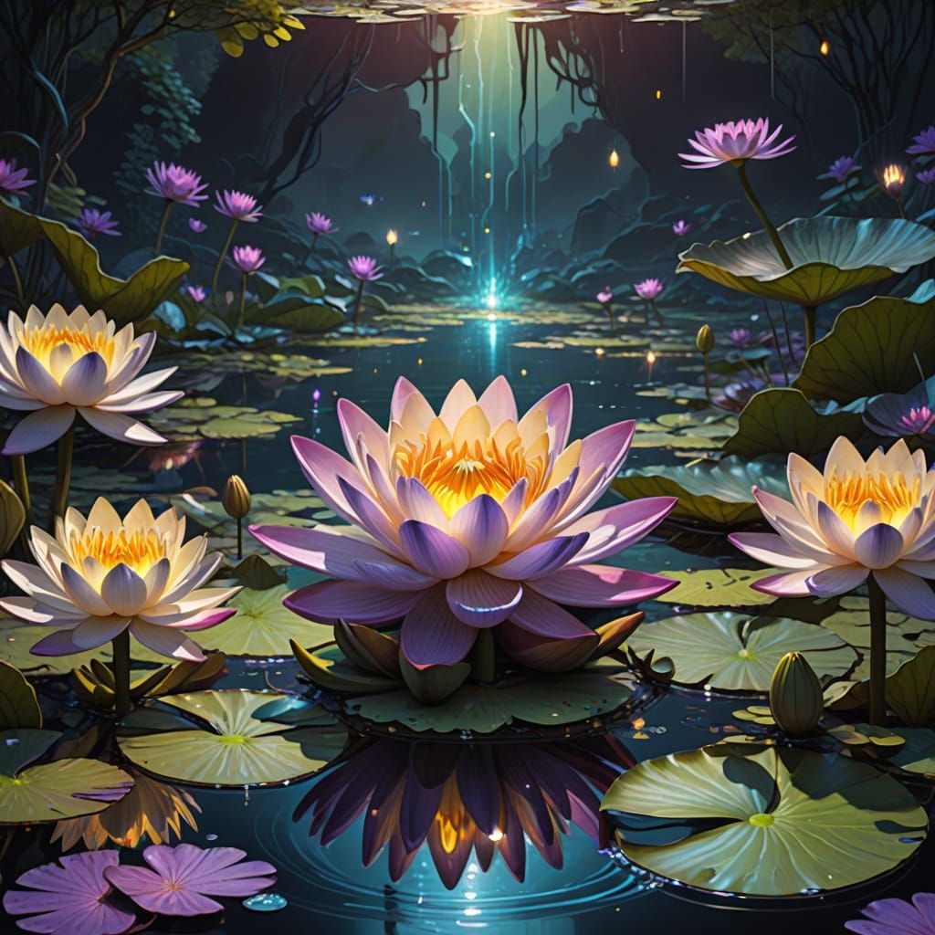 Mystical Fairy Sits on Crystal Water Lily in Dark, Ethereal ...