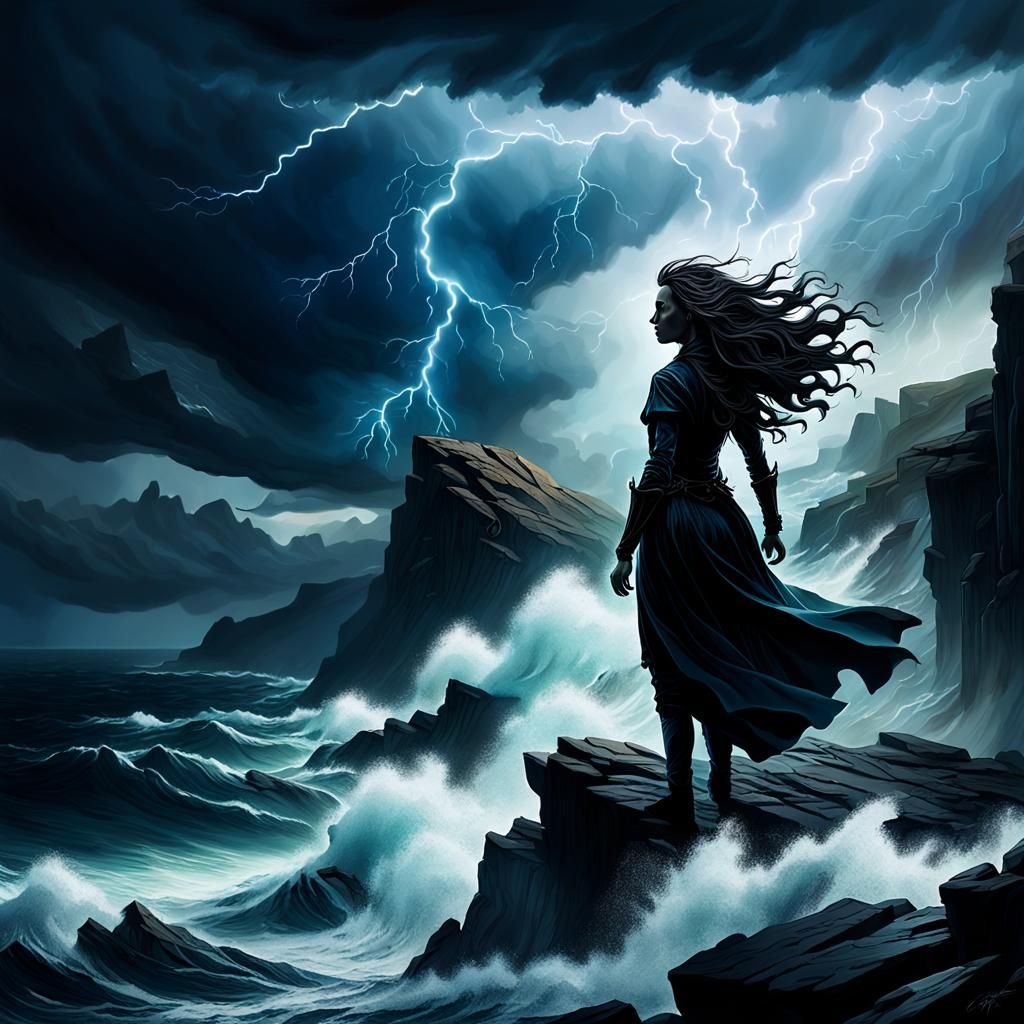 Woman's Silhouette Overlooking Stormy Sea in Gothic Style
