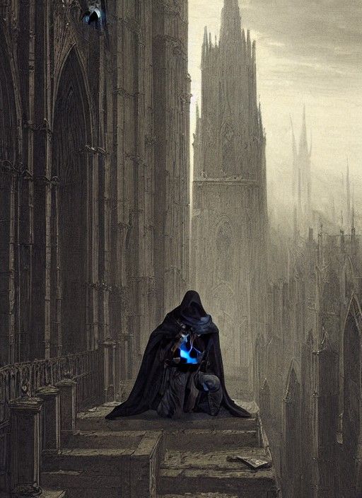 Hooded Assassin on Cathedral Roof in Gothic Horror Style