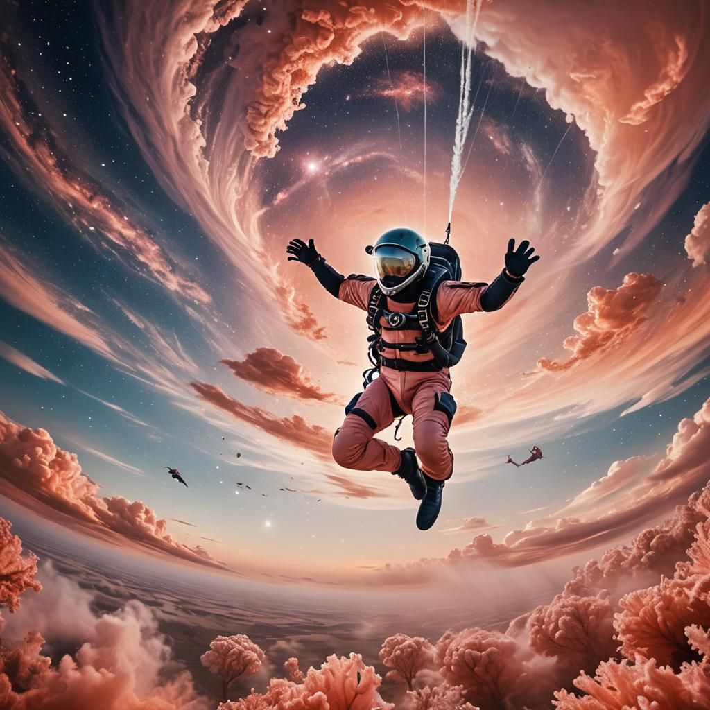 Skydiver Leaping into a Surreal Cosmic Landscape