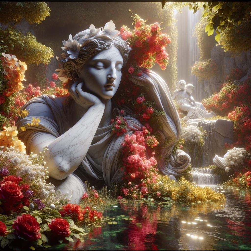 Young Roman God in Garden of Roses