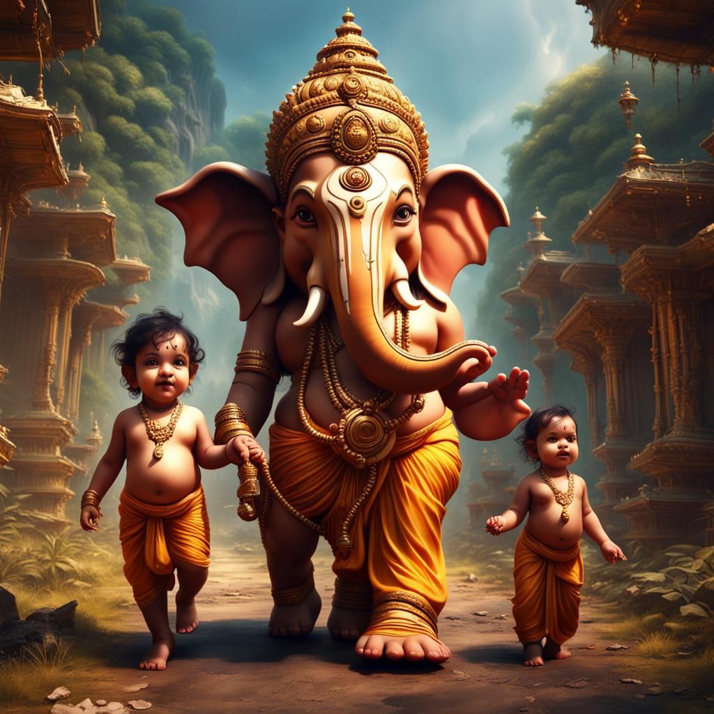 Baby Hindu Gods Playfully Walking: Detailed Digital Art