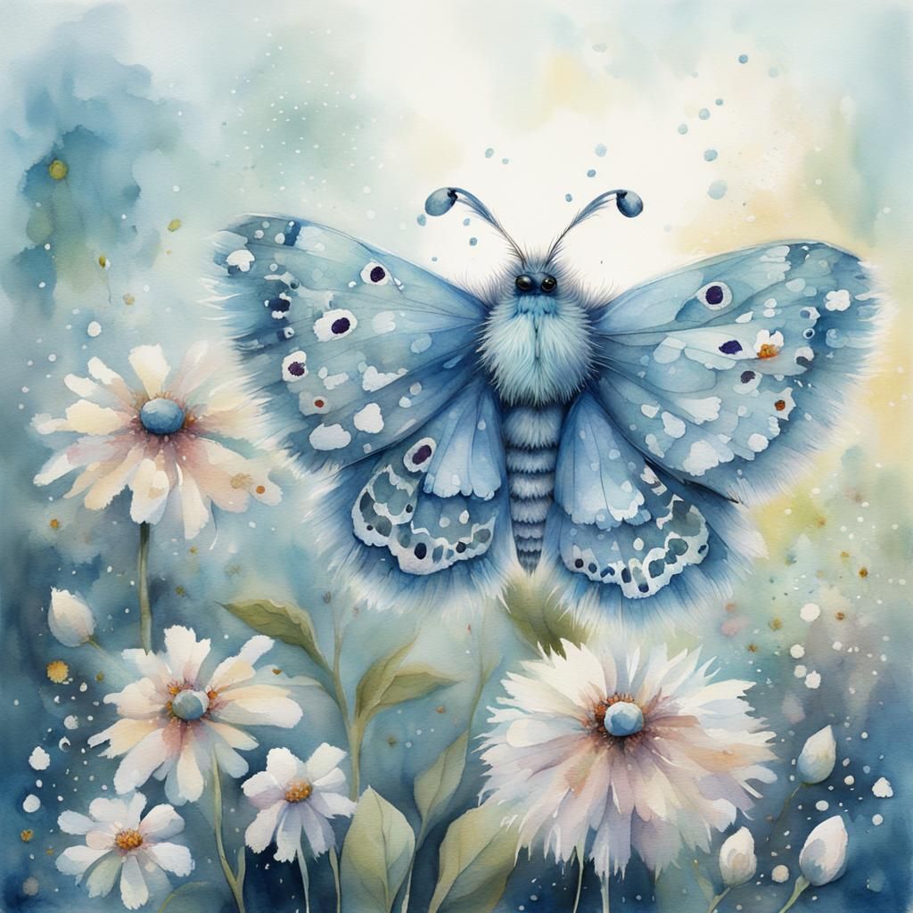 Whimsical fluffy   blue moth,