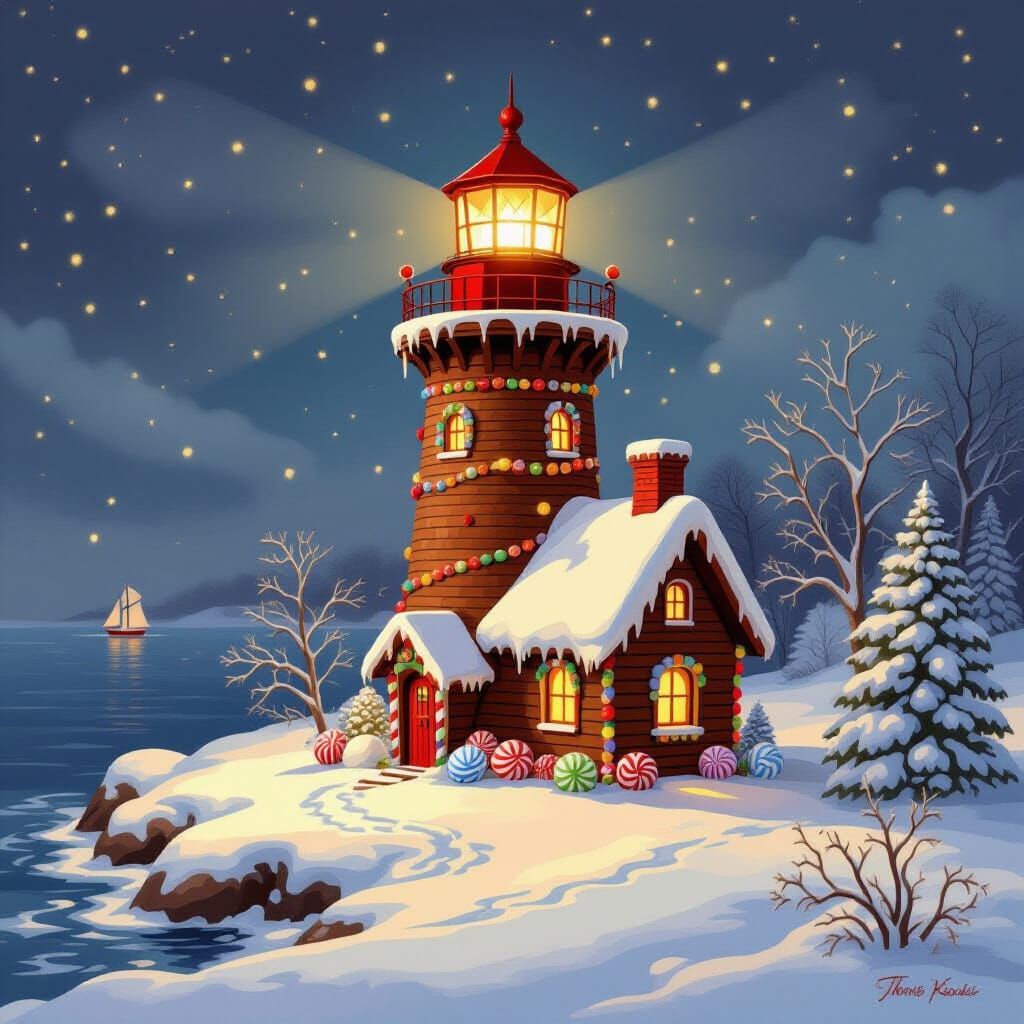 Chocolate Lighthouse on Snowy Shoreline