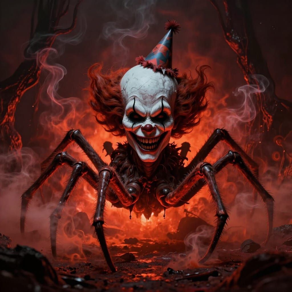 Nightmarish Clown Spider in Surreal Hellscape