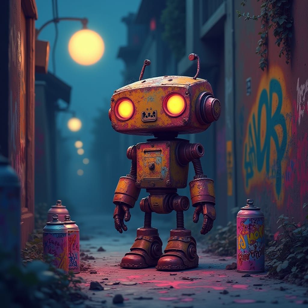 Neon Robot Graffiti Art in Dark Alley