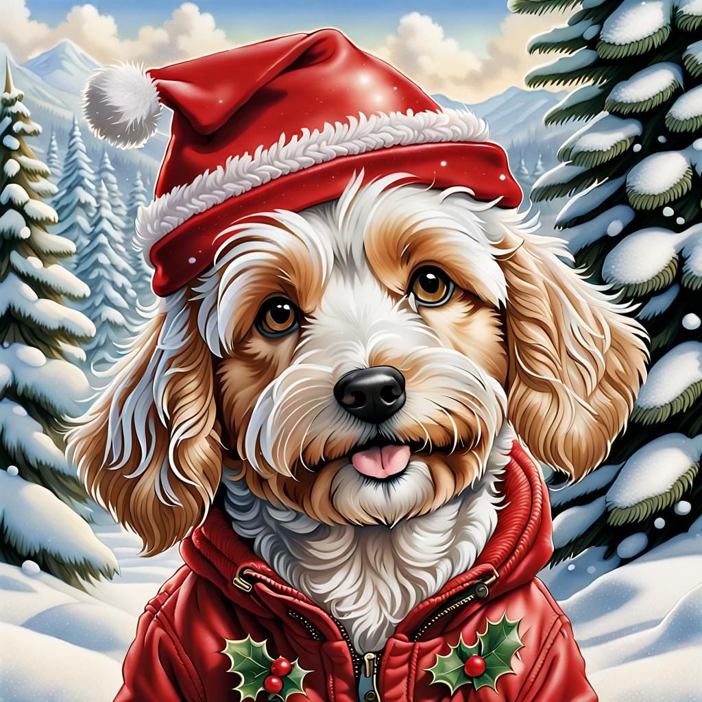 Realistic Winter Berne Doodle Portrait with Holly