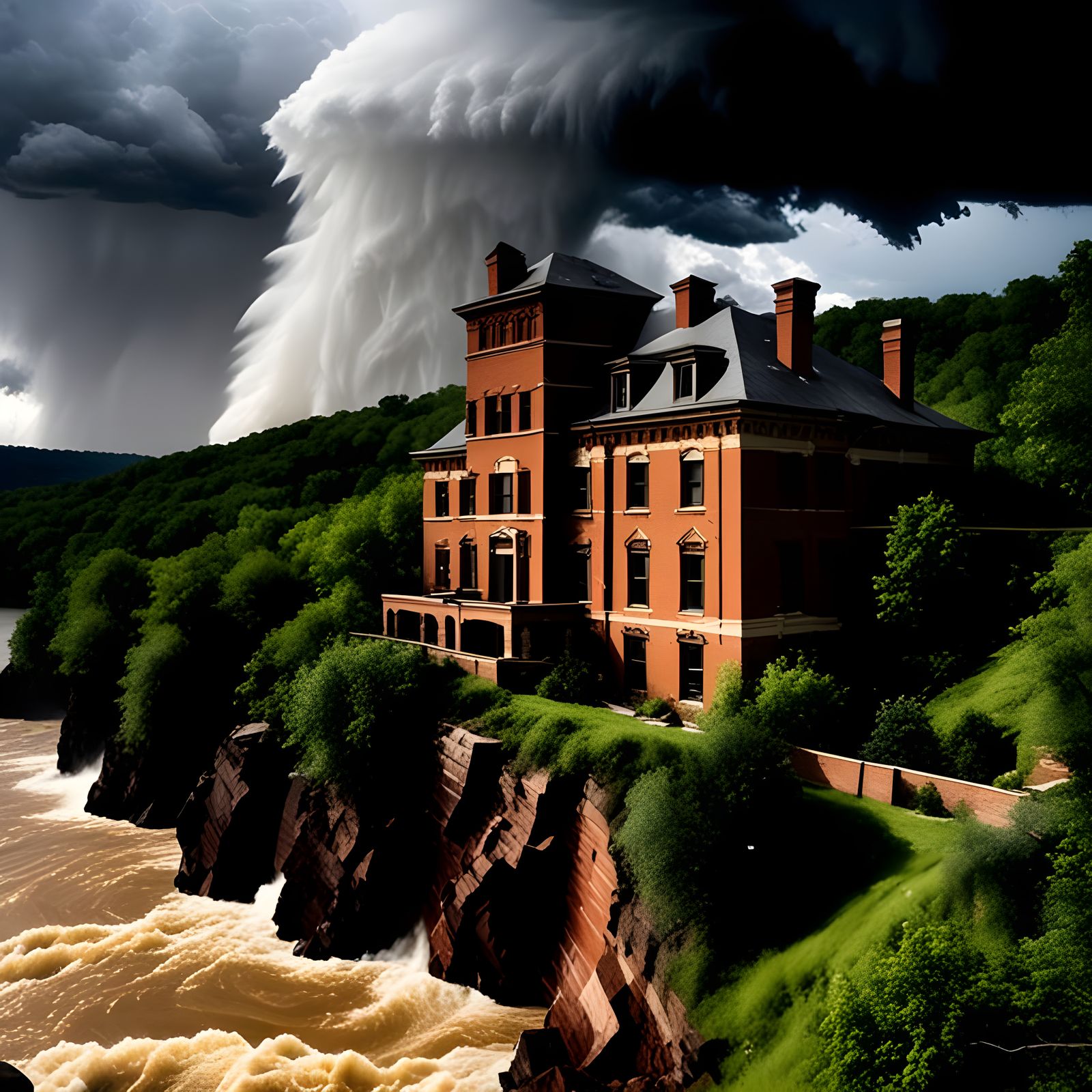the storm lashes the brick mansion on the cliff over the riv...